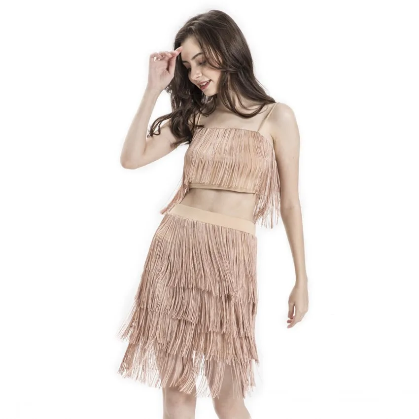 

Tassel Strapless Sexy Two Pieces Set Bandage Dress 2019 Summer Women Christmas Dress Elegant Mini Club Party Dresses 2 Set Women