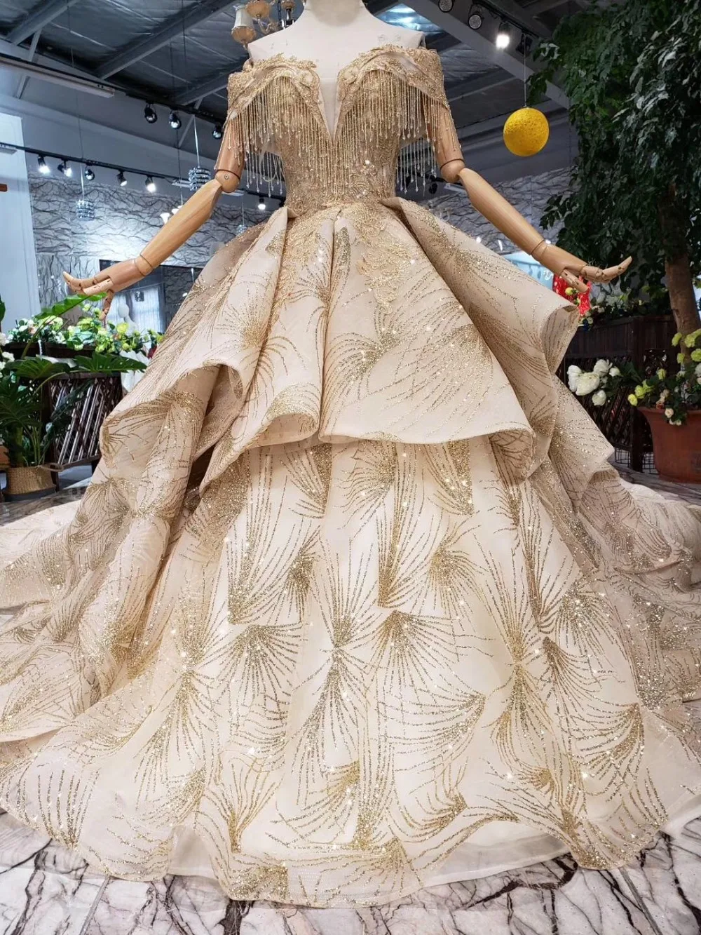 glitter net Lace gold wedding dress 2019