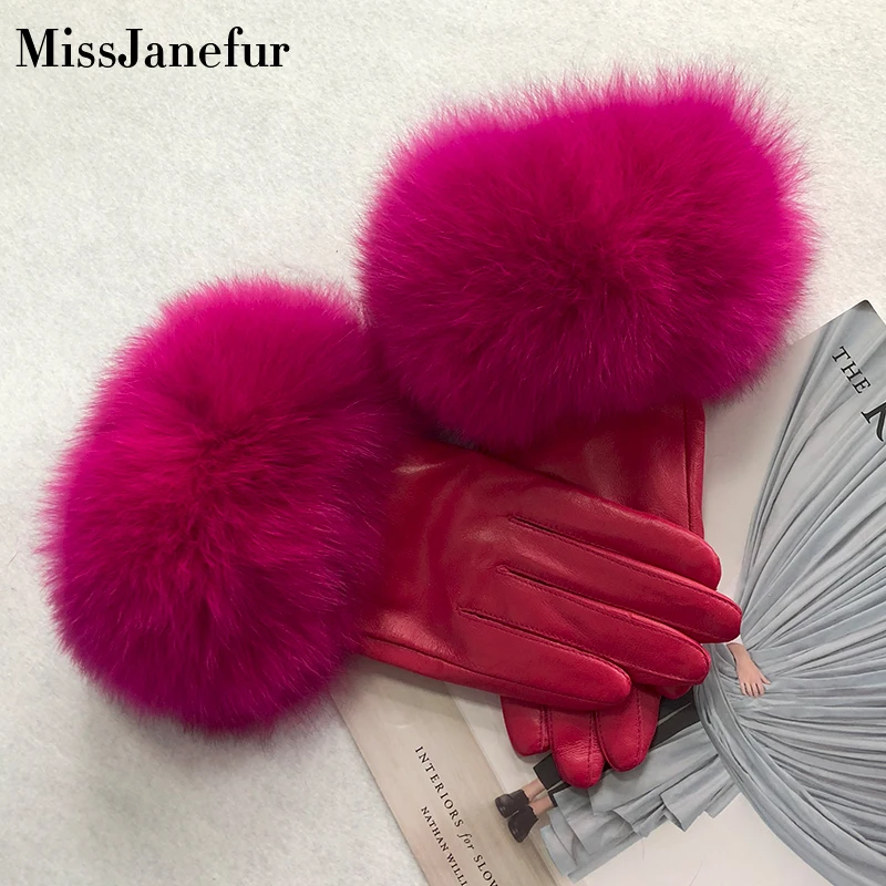 Women Finger Gloves  Raccoon Fur Cuff Sheep Leather Gloves Thicken Winter Keep Warm Female Fur Elegant Gloves Hand Gloves