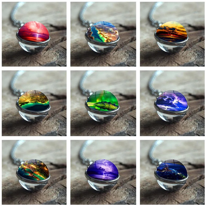 

Colorful Northern Lights Double Sided Glass Ball Pendant Necklace Handmade DIY Jewelry Vintage Bronze Chain Necklaces for Women