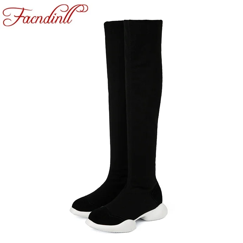 FACNDINLL new fashion black genuine leather women over the knee high boots stretch fabrics med heel winter snow long boots shoes