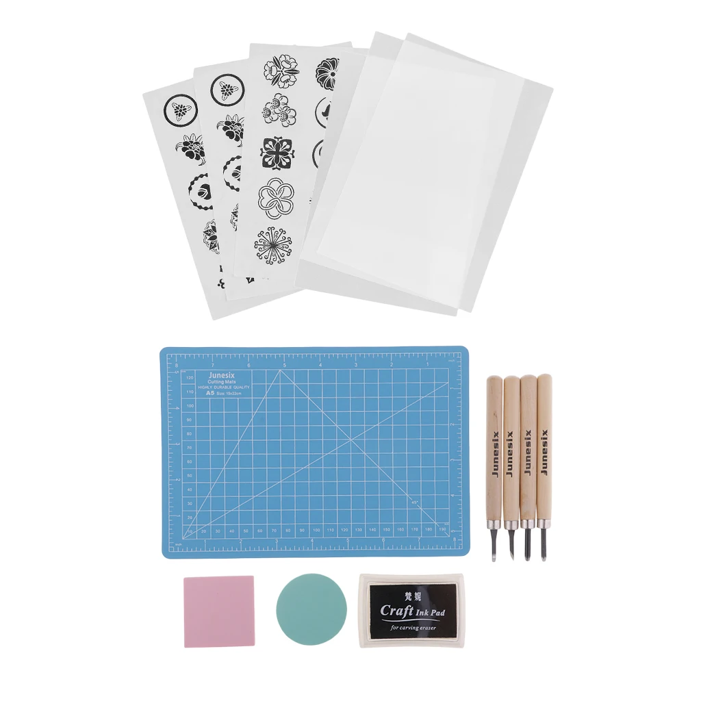 1 Set Rubber Stamp Carving Kit - RUBBER STAMP BLOCKS, CARVING CHISELS, CUTTING MAT, INK PAD, STAMPING TEMPLATE, TRACING PAPER