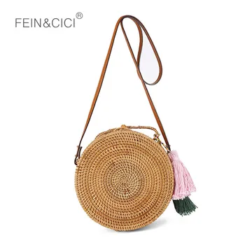 

Straw Bag circle wicker Rattan Bag tassel Beach bag Women Boho Bali Handbag Summer Crossbody leather shoulder messenger bag