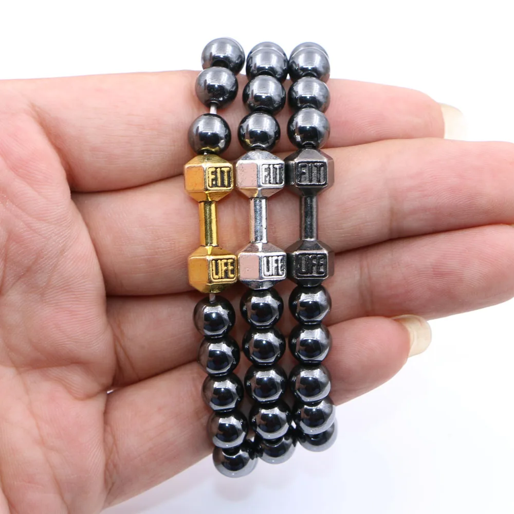 8mm Hematite Stone Power Dumbbell Beads Bracelet Women Fitness Fit Life