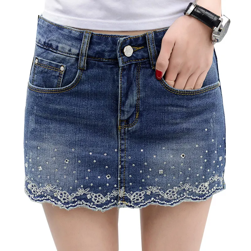 Женская джинсовая юбка с вышивкой размера плюс синие карманы бриллиантовые