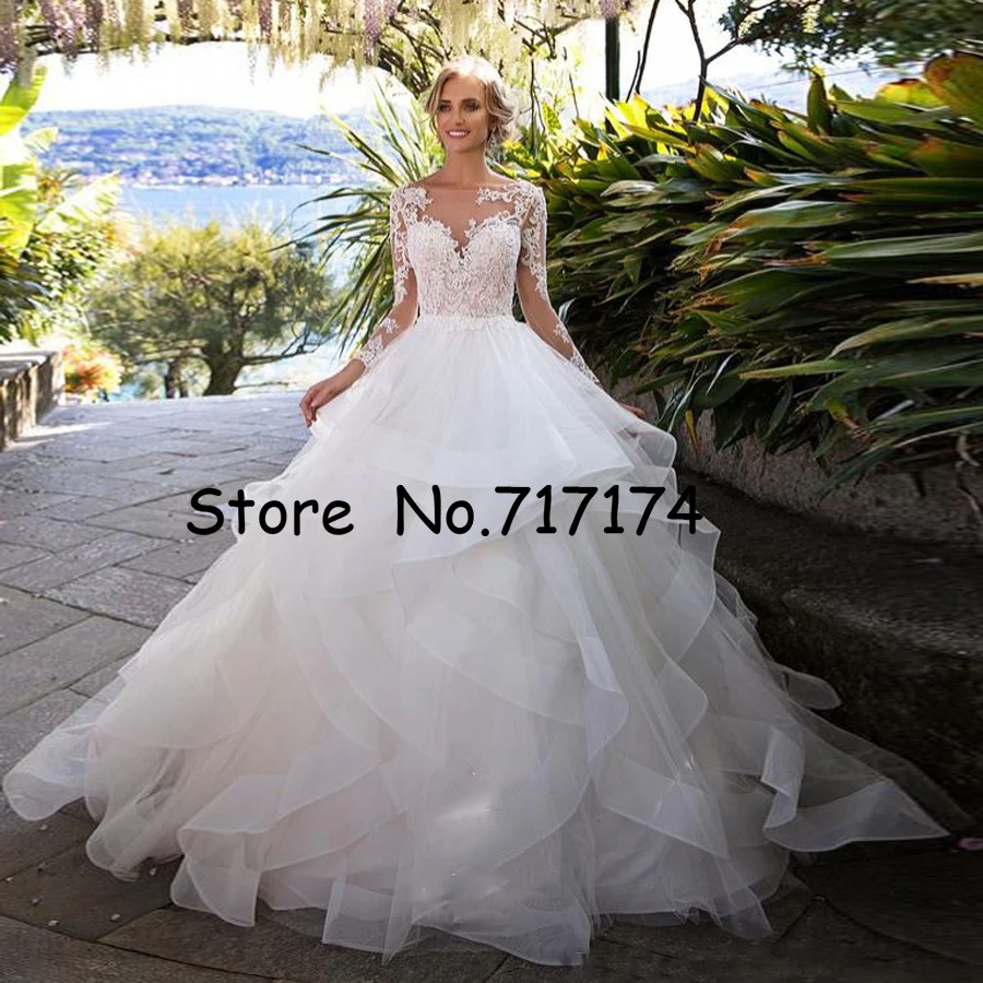 

Layer Ruffle Skirts Backless Wedding Dresses Illusion Long Sleeves Appliqued Ball Gowns Bridal Wedding Gowns Arabic Vintage