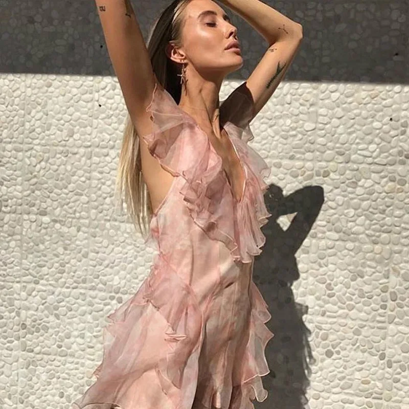 

High Quality 2018 Summer Deep V-neck Light Orange Backless Women Playsuit Vocation Holiday Sexy Jumpsuit Romper