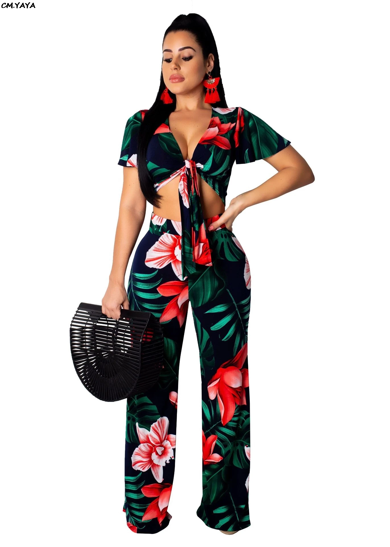 women tracksuit floral print beach bohemian short sleeve v neck tie up ...