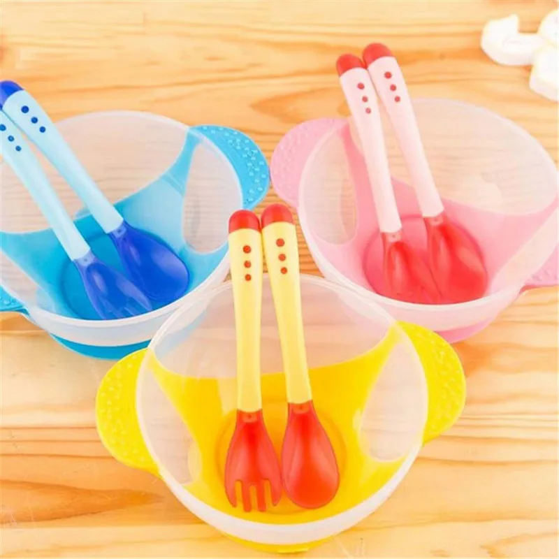 Bowl Spoon Dish Fork 3PC Baby Kids Bowl Baby Temperature Sensing Spoon Bowl Learning Dishes With Suction Cup Assist food Bowl Spoon Dish Fork 3PC Baby Kids Bowl Baby Temperature Sensing Spoon Bowl Learning Dishes With Suction Cup Assist food