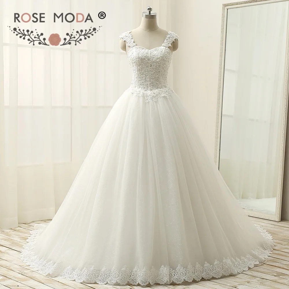 Dreamy Cap Sleeves Lace Ball Gown Pearl Embellished Boned Corset Wedding Dress Sequined Tulle Skirt Lace Edged Hem Real Photos