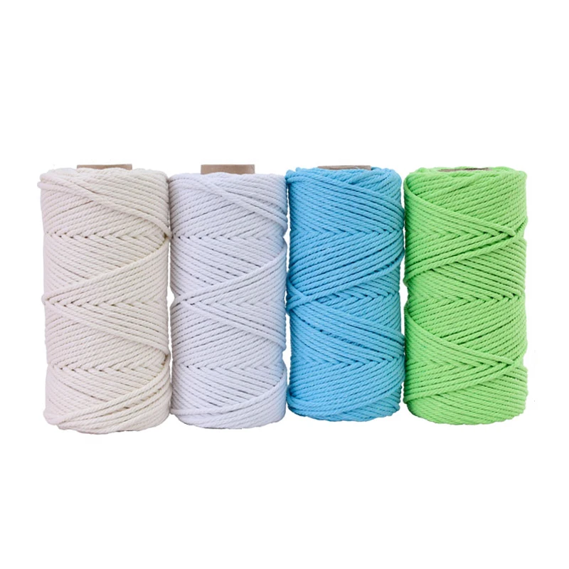 Koop 4mm x 100m 100% Katoenen Koord Kleurrijke Koord Touw Beige Twisted Craft Macrame String DIY Bruiloft Thuis Textiel decoratieve supply