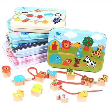 

Logwood Wooden Toys Cartoon Fruit Animal Stringing Threading Wooden Beads Toy Monterssori Educational Baby DIY Toy For Children