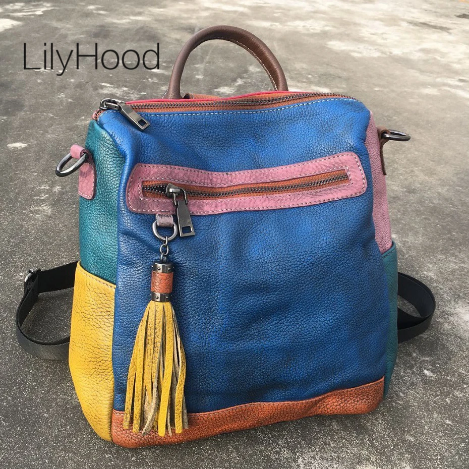 

Patchwork Multicolor Backpack Women Casual Brushed-off Genuine Leather knapsack Female Fashion Big Capacity Daily Sling Packsack