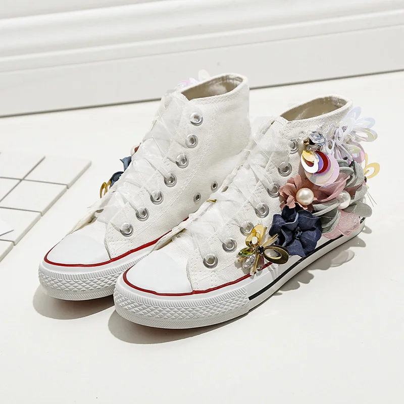 

Spring Summer Women High Canvas Sneakers Handmade Custom Three-dimensional Flowers Black White Casual Shoes wk139