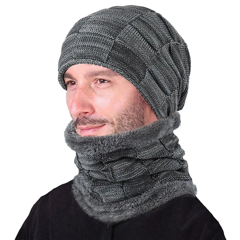 MISSKY 2PCS/Set Men/Women Warm Check Knitted Hat + Neck Gaiter Fashionable Neck-Warmer Cap Suit |
