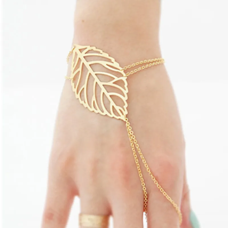 Fashion Gold color Hand Bracelets For Women Vine Leaves Finger Chain