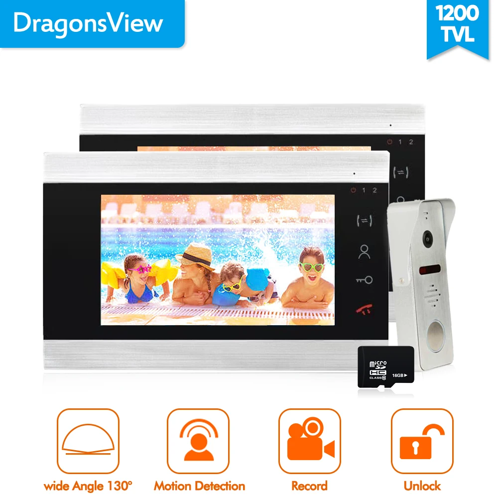 

Dragonsview 7 Inch Video Door Phone Intercom with Video Camera Wide Angle Motion Record Unlock Waterproof 2 Monitors 1 Panel