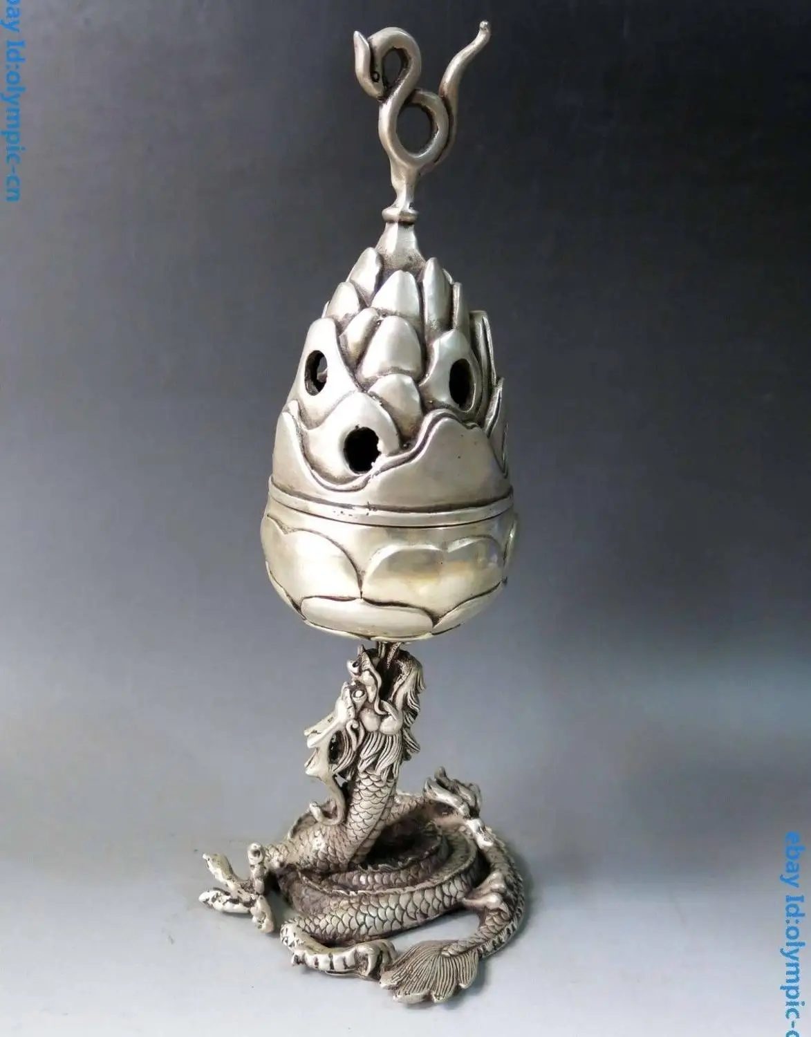 

13" China Silver carved Coiled Dragon censer Incense burner Sculpture Statue