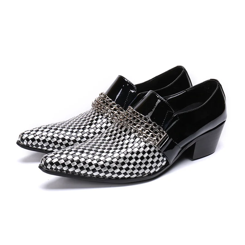 

Men Black And White Plaid Leather Dress Shoes Fashion Chain Pointed Shoes Wedding Shoes for Men