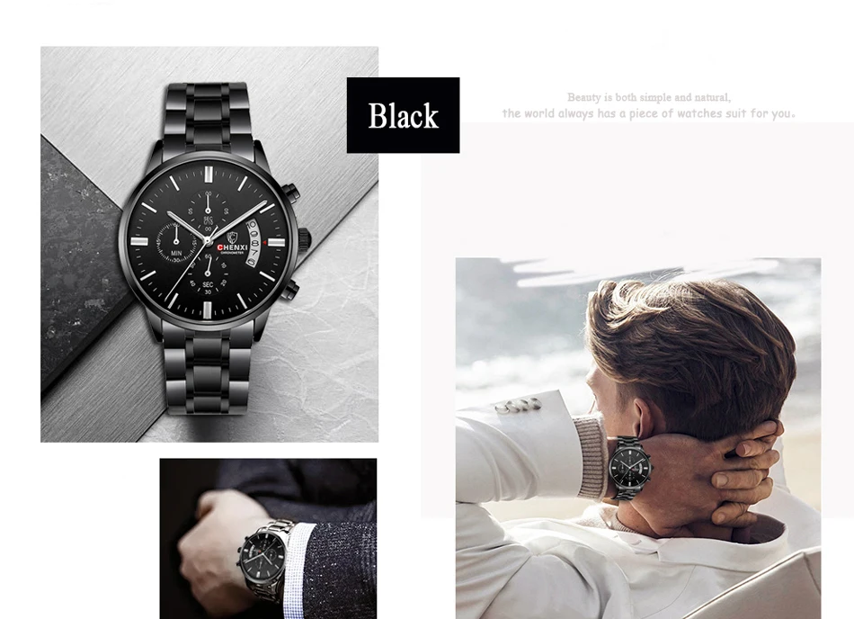 CHENXI relojes hombre все черные стальные полосы мужские кварцевые часы многофункциональный хронограф мужские модные наручные часы