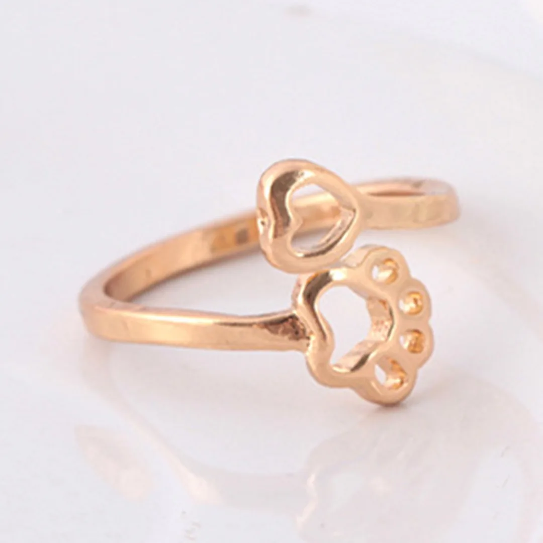 Charming Elegant Women Love Heart Adjustable Rings Fashion Cute Dog Pet Paw Print Beauty Hollow Open Ring Lovely Animal Jewelry