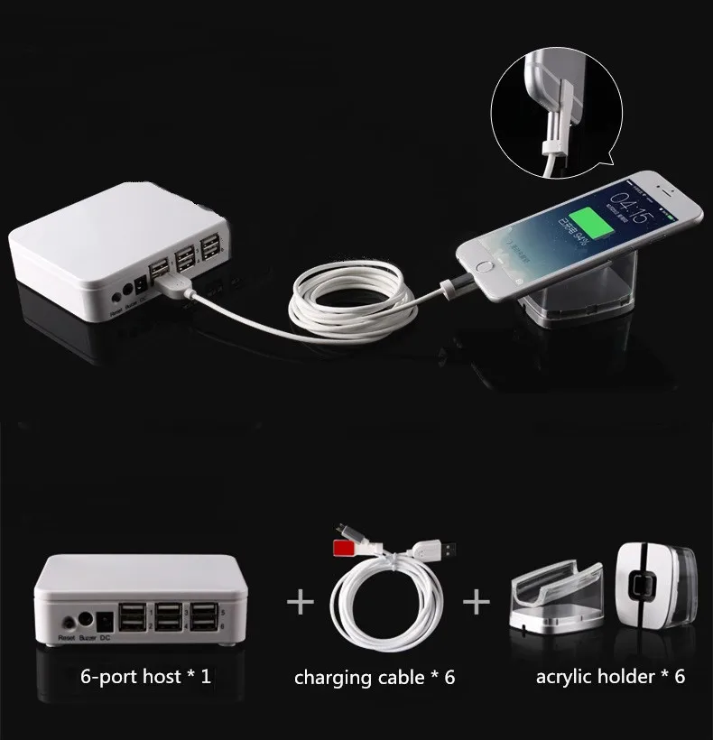 

6 port micro usb cable rechargeable security alarm display stand for cellphone mobile phone
