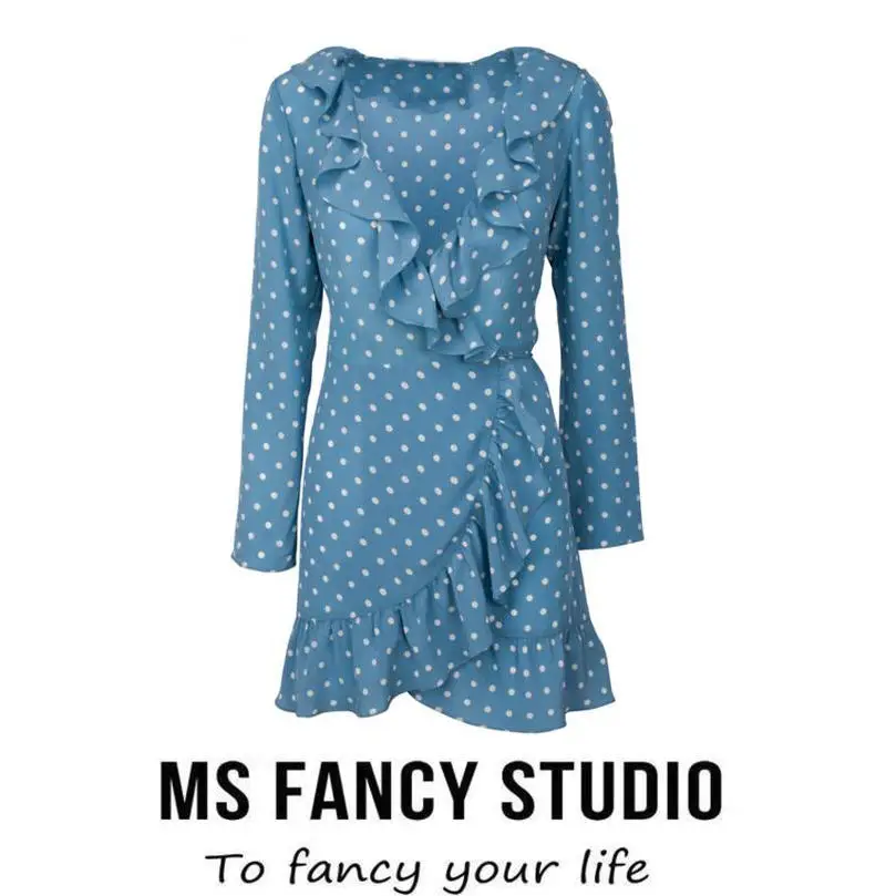 

2018 Summer Women Polka Dots Dress 11 Patterns Long Sleeves Ruffles Wrap Dress Floral Print V-neck Mini Vintage Dress