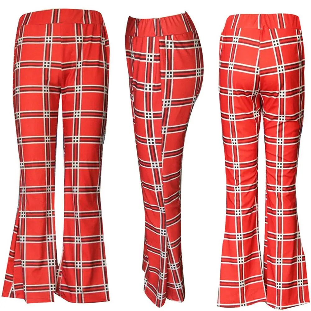 Модные женские эластичные длинные штаны с высокой талией, расклешенные длинные штаны, свободные брюки в клетку, повседневные стильные летние штаны для девочек - Цвет: Красный