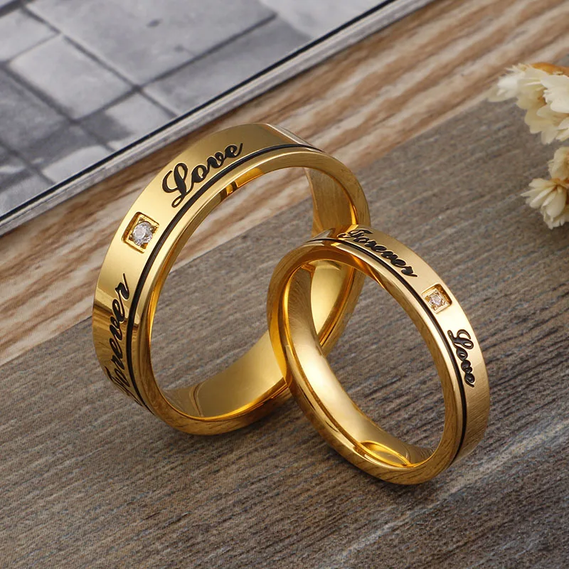 English Forever Love Wedding Rings Cubic Zirconia Couple Rings Black & Gold Color Stainless Steel Anniversary Alliance Jewelry