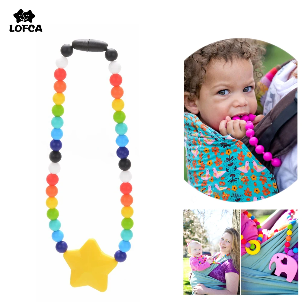 

Silicone Necklace Baby Teether ChewableTeething beads Star Baby Carrier Chain Baby Pacifier Clips Safe Teething Toy BPA Free