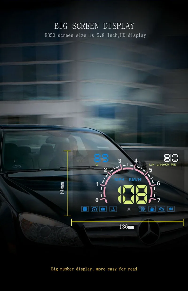 E350 HD 5,8 дюйма hud-дисплей OBD2 лобовое стекло будильник с прожектором Системы Smart Digital спидометр автомобиля head up display