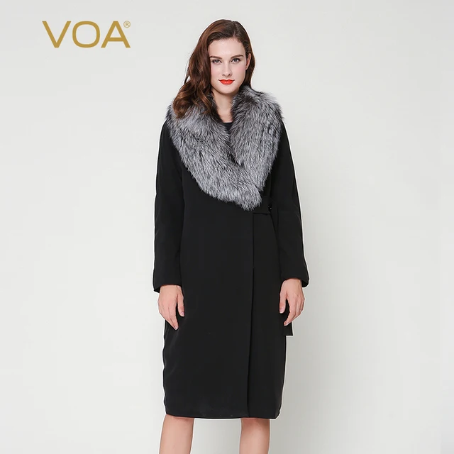 Best price at $802 Cheap VOA heavy silk silver fox Nagymaros collar black coat long straight sashes button parkas M7300