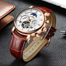 KINYUED 2018 Relógios Automáticos de Homens Mecânicos do Relógio Esqueleto Marca de Luxo Mens Fase Da Lua Calendário Sports Rose Relógio de Ouro Masculino