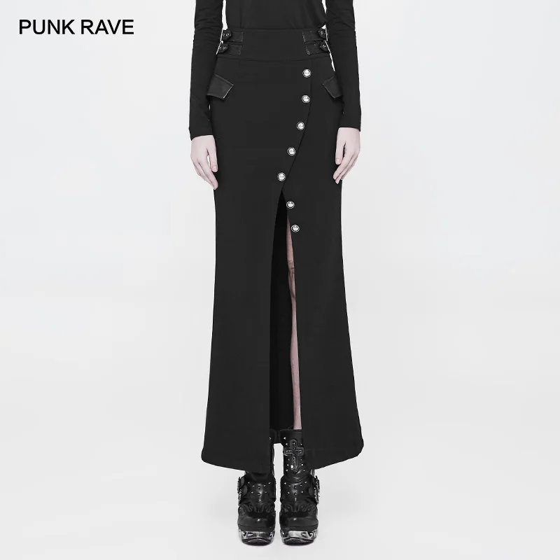PUNK RAVE Militaire Uniform Fishtail Zwarte vrouwen Rok Party Casual Retro Vrouwen Twill Lange Half Rokken met Knop Decoratie PUNK RAVE Militaire Uniform Fishtail Zwarte vrouwen Rok Party Casual Retro Vrouwen Twill Lange Half Rokken met Knop Decoratie