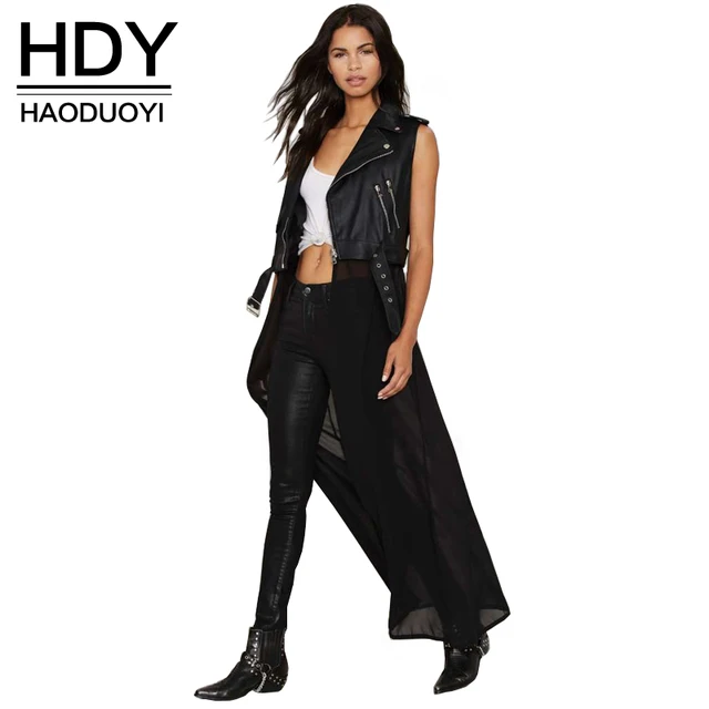 Hdy haoduoyi 2016 осень мода женщины твердые пу лоскутное шифон рукавов длинный жакет пальто молнии повседневная пиджаки