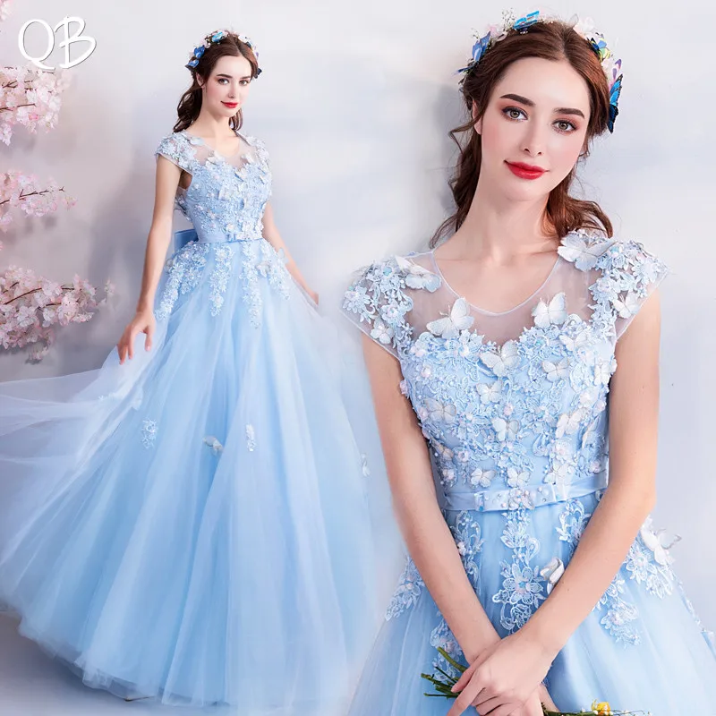 

Sky Blue A-line Tulle Appliques Flowers Elegant Formal Evening Dresses 2019 New Fashion Bride Party Prom Dress XH168