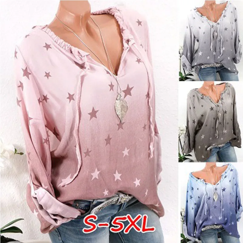 Ceny Kobiety Gwiazdy Wydrukowano Bluzka Z Długim Rękawem V Neck Topy Kobiet Lace Up Luźne Bluzki Plus Size