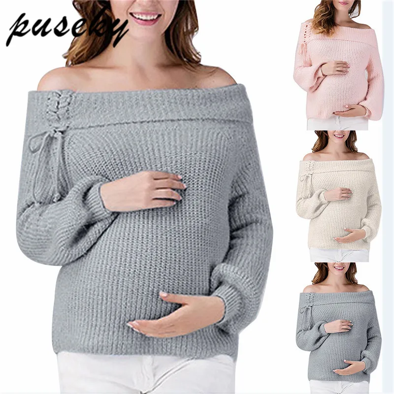 

Puseky Winter Pregnant Women Clothes Loose Sweaters Pullover Casual Solid Knitted Boat Neck Pullovers Winter Maternity Sweaters