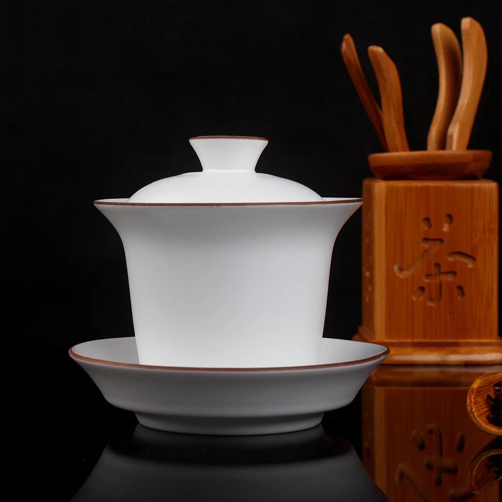 Jingdezhen Gaiwan Ding Kiln Matt White Browm Rim White Ceramic Gaiwan Gongfu Tea Brewing Teacup Gaiwan 160ml Ceramic Tureen