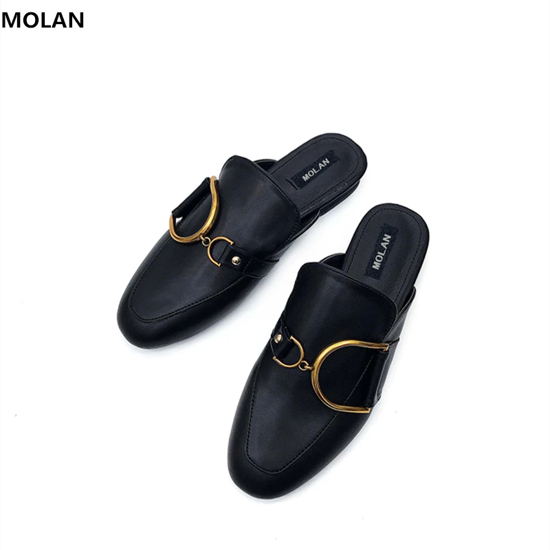 

MOLAN Brand Designers 2019 Spring Fashion Gold Metal Chain Woman Shoes Leather Slides Slip On Loafers Mules Black Brown 35-40