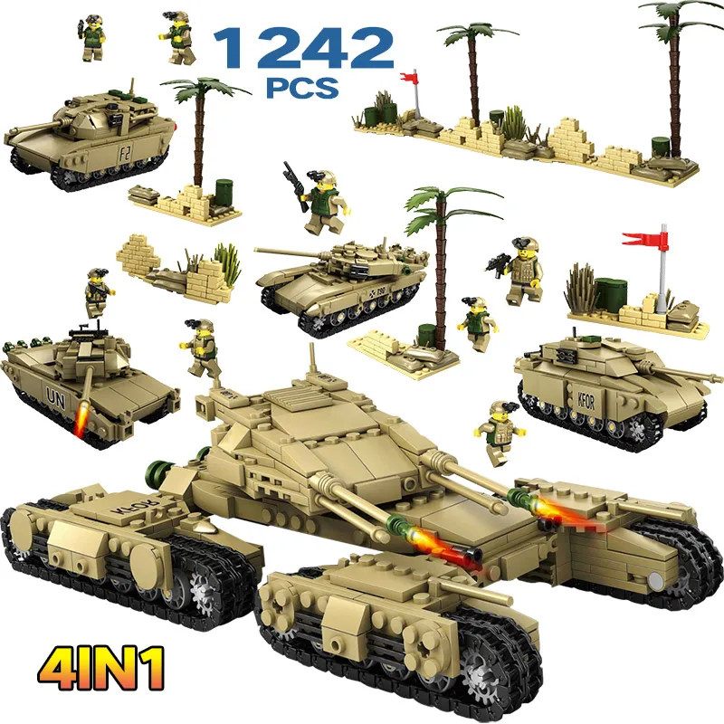 

1242pcs 4 In 1 Army Model Tanks LegoINGLy WW2 Military Assemblage Building Blocks Set Weapon Tank DIY Bricks Toys For Boys