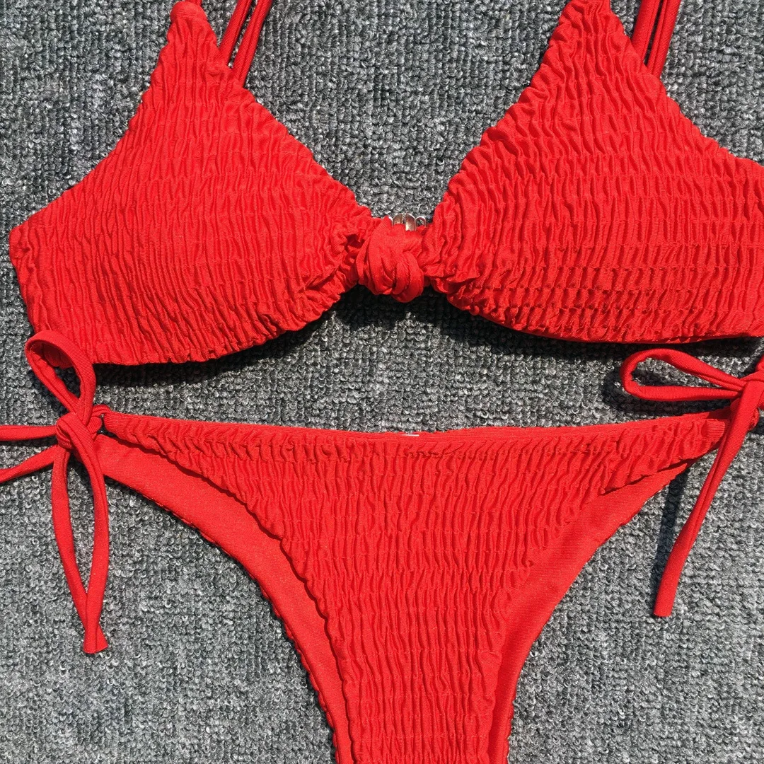 Летний сексуальный красный пуш-ап женский плиссированный купальный костюм из двух частей регулируемый ремень женский галстук-ап бюстгальтер комплект из двух предметов Повседневная пляжная одежда