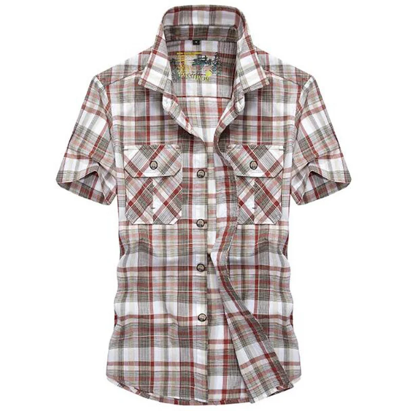 Новые мужские рубашки, брендовая Повседневная хлопковая рубашка с коротким рукавом, рубашка для молодых людей, свободная летняя рубашка в клетку размера плюс - Цвет: Красный
