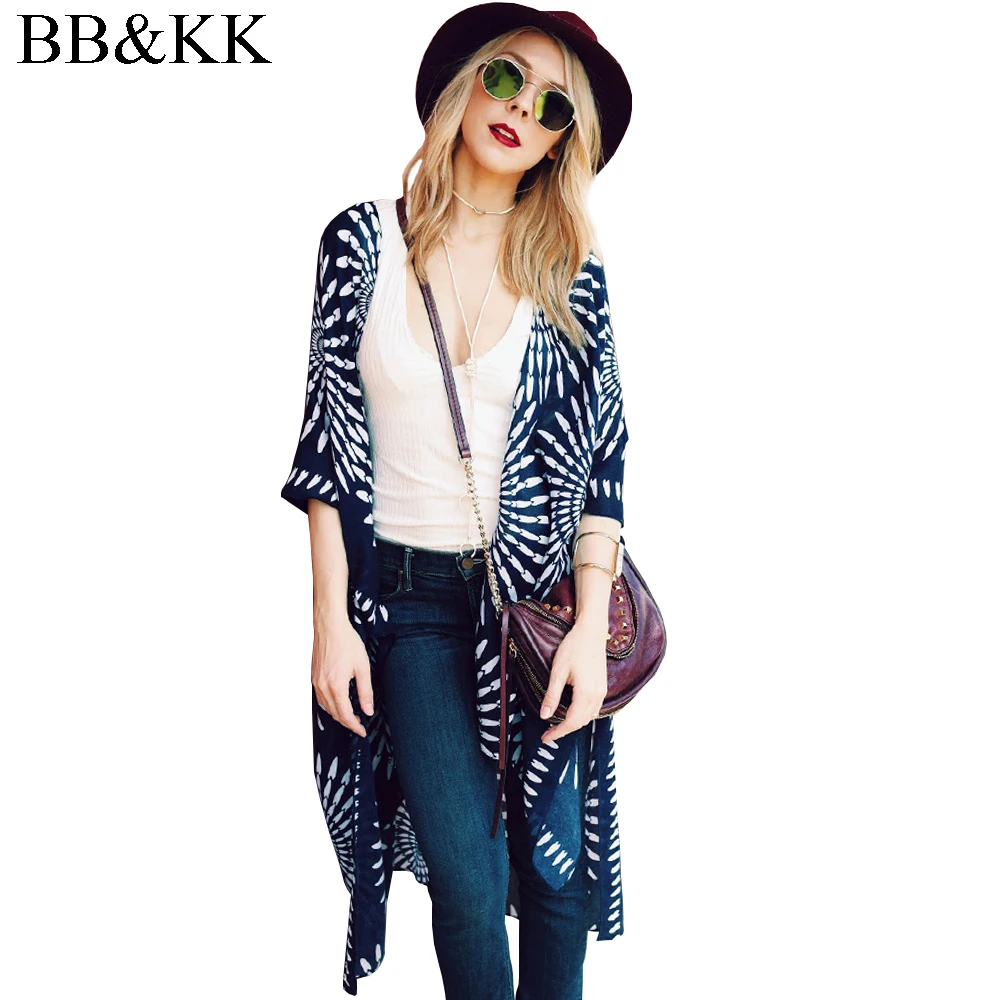 

2017 Summer Style Women Half Short Sleeve Chiffon Geometric Printed Kimono Beach Casual Cover Up Loose Kimono