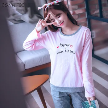 

Pajama Sets Women Students Lovely Trendy Long Sleeve Loose Cartoon Printed Womens Pajamas Daily Home Clothing Korean Style Love