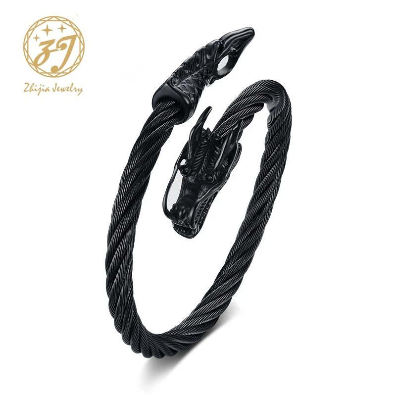 

Zhijia Punk Dragon Wire rope Open Bracelet personality Vintage Faucet stainless steel charms Bangle for Men /Woman Jewelry