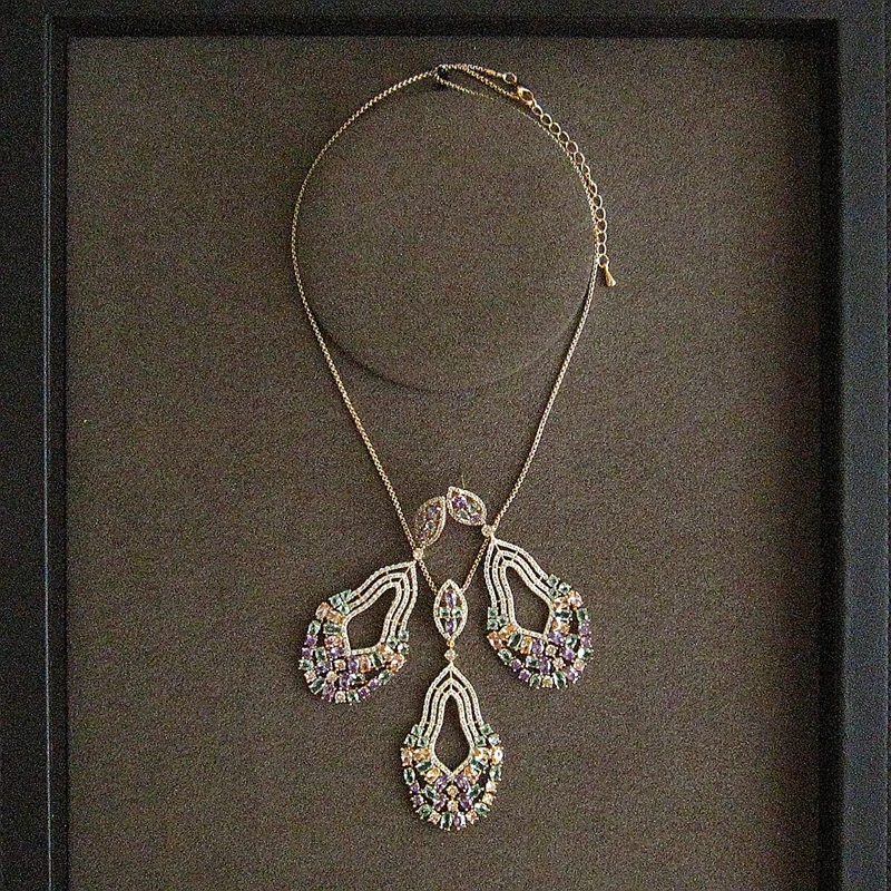 

Fashion AAA Cubic Zirconia,Elegant flower basket with colorful stones embedded Necklace&Earring set ,party & wedding,SC021