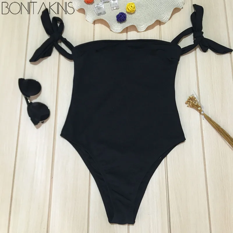 Bonitakinis сплошной черный цельный купальник женский сексуальный бандажный Ремень