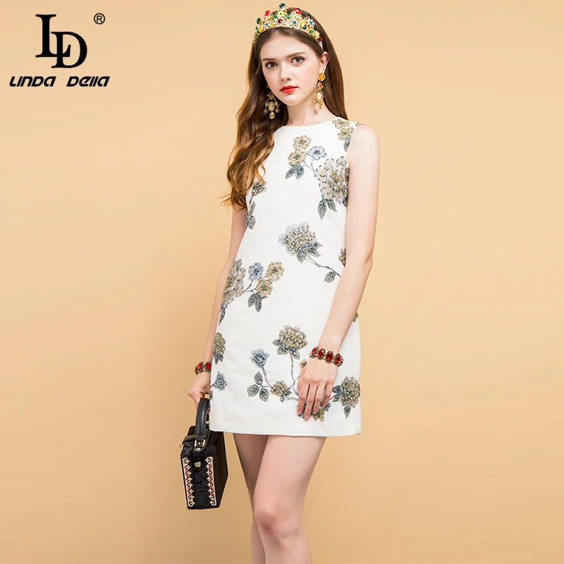 

LD LINDA DELLA New Fashion Designer Summer Vintage Dress Women's Sleeveless Gorgeous Beading Floral Printed Elegant Mini Dresses