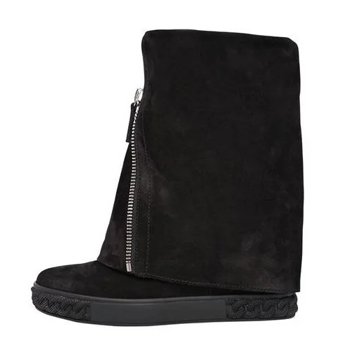 

Spring New Brand Women Solid Black/Gray Color Round Toe Zipper Front 8 cm Height Increasing Wedges Mid-calf Short Boots Lady